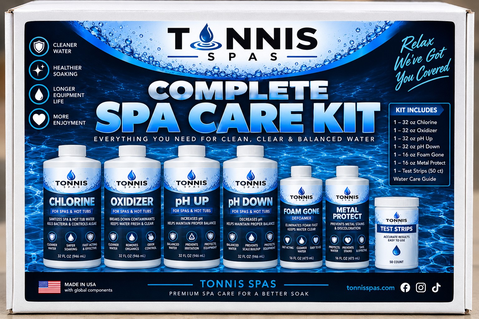 Tonnis Spas complete spa care kit with chemical bottles